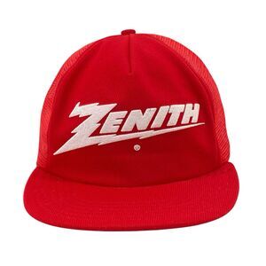 Vintage Zenith Trucker Hat Cap‎ Made In USA 80s Red White Puffy Print TV Radio